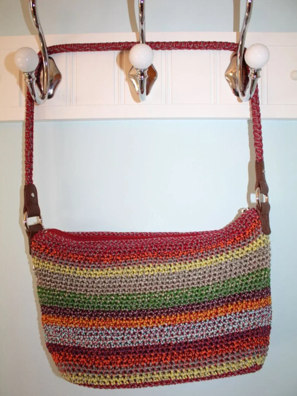 The Sak Small Rainbow Striped Bohemian Crochet Shoulder Purse Zip Top Red Lining